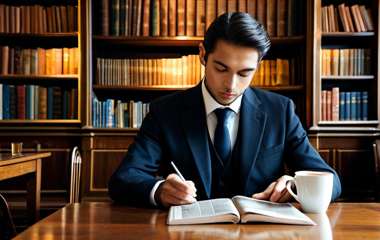 A sophisticated individual in a modest, dark professional suit, seated elegantly at a polished wooden table in a classic Viennese coffee house. The background features ornate architectural details, soft ambient lighting, and shelves filled with books and newspapers. The subject holds a small, steaming coffee cup with well-formed hands, engaging in a contemplative, natural pose. The atmosphere is calm and cultured. professional photography, high-resolution, safe for work, appropriate content, fully clothed, perfect anatomy, correct proportions, natural body proportions, proper finger count, professional dress.