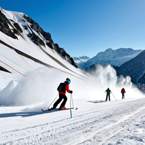 Home 17 Austrian Ski Resort Adapting to Climate Change**
"A picturesque Austrian ski resort in the Alps, with some slopes showing green grass due to lack of snow. Snow cannons are actively spraying artificial snow on other slopes. In the background, a partially melted glacier is visible. Focus on the contrast between the natural beauty and the signs of climate change adaptation. Fully clothed skiers are enjoying the slopes where possible. Safe for work, appropriate content, fully clothed, professional, natural proportions, high quality."
**