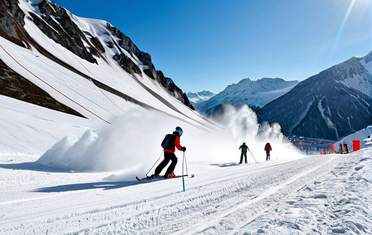 Austrian Ski Resort Adapting to Climate Change**
"A picturesque Austrian ski resort in the Alps, with some slopes showing green grass due to lack of snow. Snow cannons are actively spraying artificial snow on other slopes. In the background, a partially melted glacier is visible. Focus on the contrast between the natural beauty and the signs of climate change adaptation. Fully clothed skiers are enjoying the slopes where possible. Safe for work, appropriate content, fully clothed, professional, natural proportions, high quality."
**