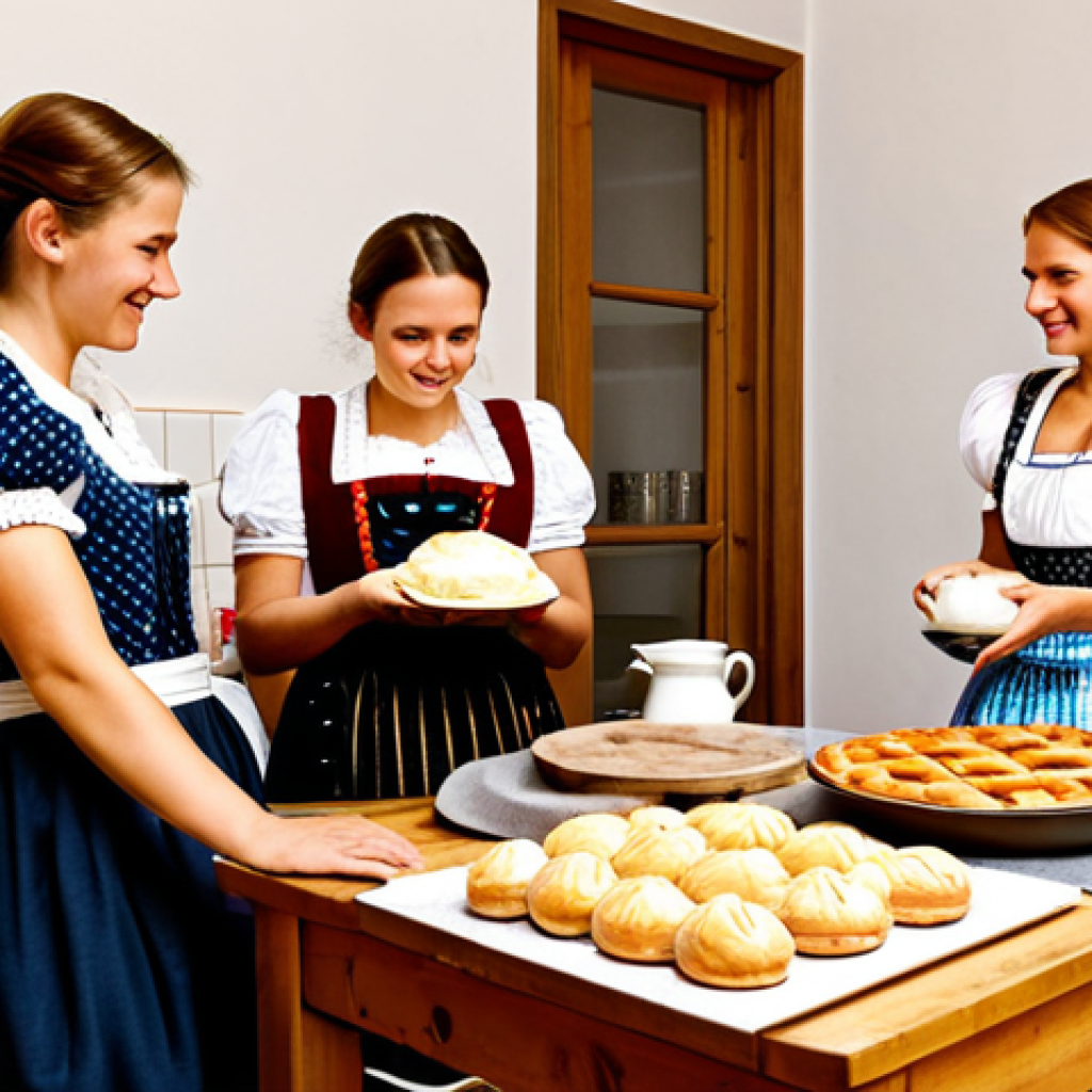 Cultural Preservation**

"A group of Austrian women, fully clothed in traditional dirndl dresses, gathered in a cozy kitchen. One is teaching a younger woman how to bake a traditional pastry. Warm, inviting atmosphere. Safe for work, appropriate content, modest, family-friendly, perfect anatomy, correct proportions, natural pose, well-formed hands, proper finger count, natural body proportions, high quality."

**