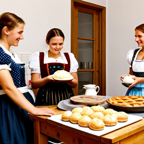 Home 8 Cultural Preservation**
"A group of Austrian women, fully clothed in traditional dirndl dresses, gathered in a cozy kitchen. One is teaching a younger woman how to bake a traditional pastry. Warm, inviting atmosphere. Safe for work, appropriate content, modest, family-friendly, perfect anatomy, correct proportions, natural pose, well-formed hands, proper finger count, natural body proportions, high quality."
**