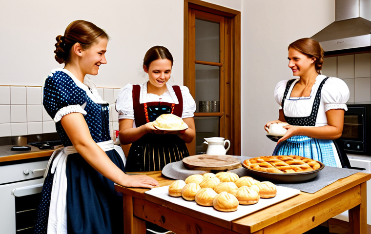 Cultural Preservation**
"A group of Austrian women, fully clothed in traditional dirndl dresses, gathered in a cozy kitchen. One is teaching a younger woman how to bake a traditional pastry. Warm, inviting atmosphere. Safe for work, appropriate content, modest, family-friendly, perfect anatomy, correct proportions, natural pose, well-formed hands, proper finger count, natural body proportions, high quality."
**