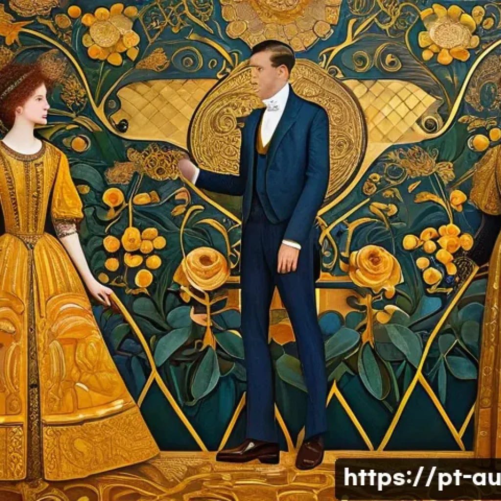 비엔나 1900년대 예술 운동 - A richly detailed painting inspired by the Viennese Secession style, featuring flowing organic lines...