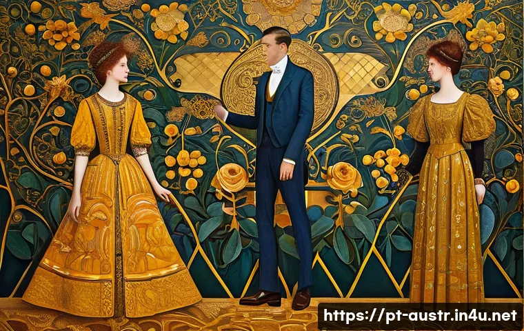 비엔나 1900년대 예술 운동 - A richly detailed painting inspired by the Viennese Secession style, featuring flowing organic lines...