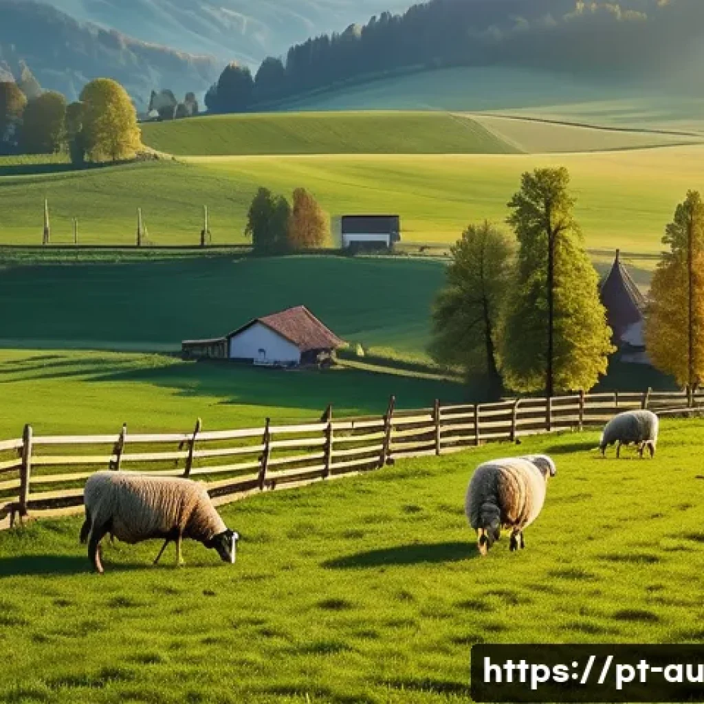 오스트리아의 농촌 체험 여행 - A serene Austrian countryside at sunrise, featuring rolling green fields dotted with traditional woo...