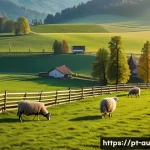 오스트리아의 농촌 체험 여행 - A serene Austrian countryside at sunrise, featuring rolling green fields dotted with traditional woo...