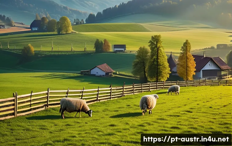 오스트리아의 농촌 체험 여행 - A serene Austrian countryside at sunrise, featuring rolling green fields dotted with traditional woo...