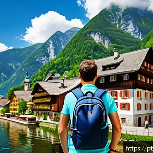 잘츠캄머구트 호수 여행 - A picturesque view of Hallstatt village nestled beside a serene lake, with traditional wooden houses...
