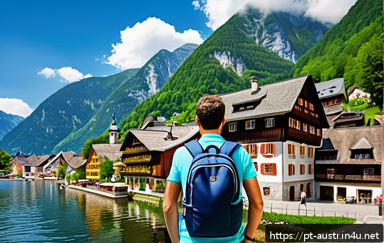 잘츠캄머구트 호수 여행 - A picturesque view of Hallstatt village nestled beside a serene lake, with traditional wooden houses...
