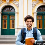 오스트리아 비자 종류 및 신청법 - A professional young Brazilian student standing confidently outside a historic Austrian university b...