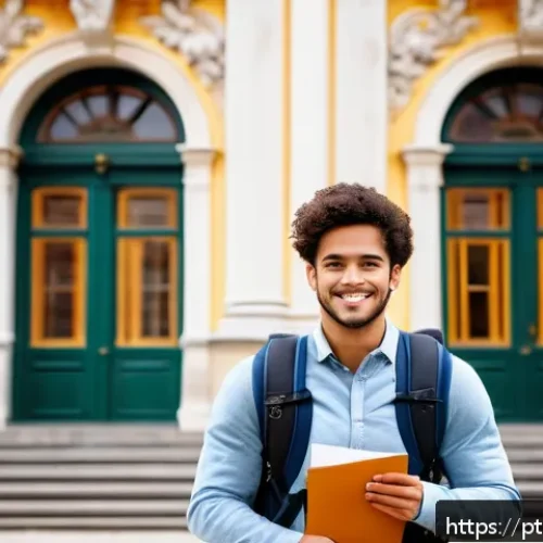 오스트리아 비자 종류 및 신청법 - A professional young Brazilian student standing confidently outside a historic Austrian university b...