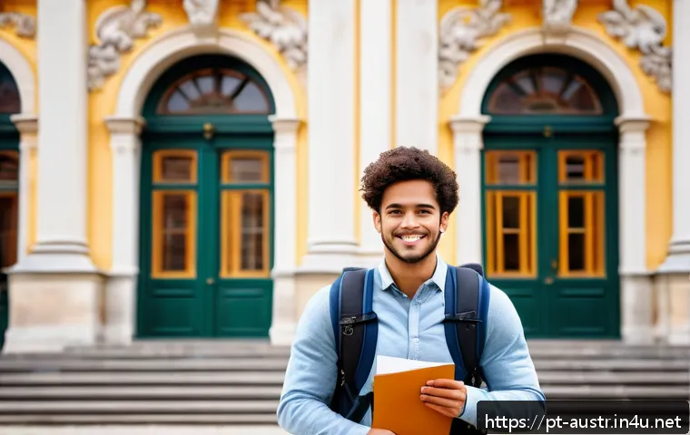 오스트리아 비자 종류 및 신청법 - A professional young Brazilian student standing confidently outside a historic Austrian university b...