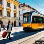 오스트리아 대중교통 이용 팁 - A vibrant street scene in Vienna featuring a modern tram gliding along historic city streets lined w...