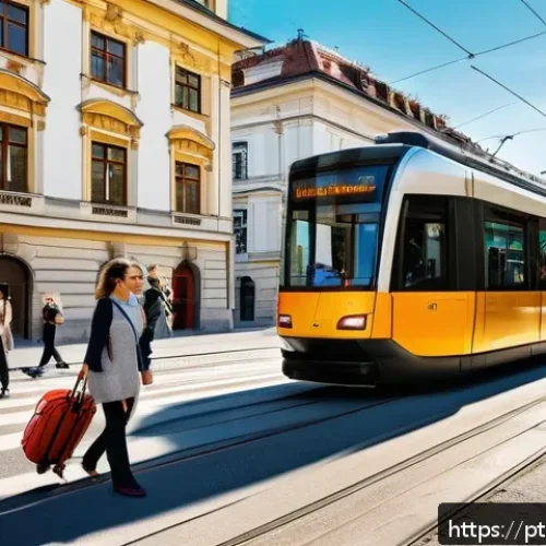 오스트리아 대중교통 이용 팁 - A vibrant street scene in Vienna featuring a modern tram gliding along historic city streets lined w...