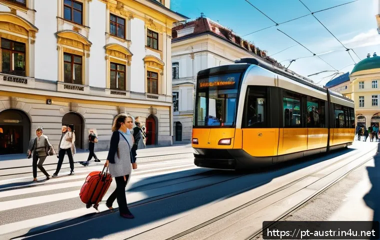 오스트리아 대중교통 이용 팁 - A vibrant street scene in Vienna featuring a modern tram gliding along historic city streets lined w...